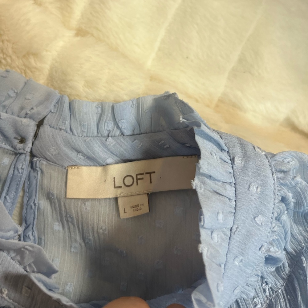 LOFT L Powder Light Blue Swiss Dot Sheer Sleeve Office Blouse Spring Summer City - Picture 11 of 12